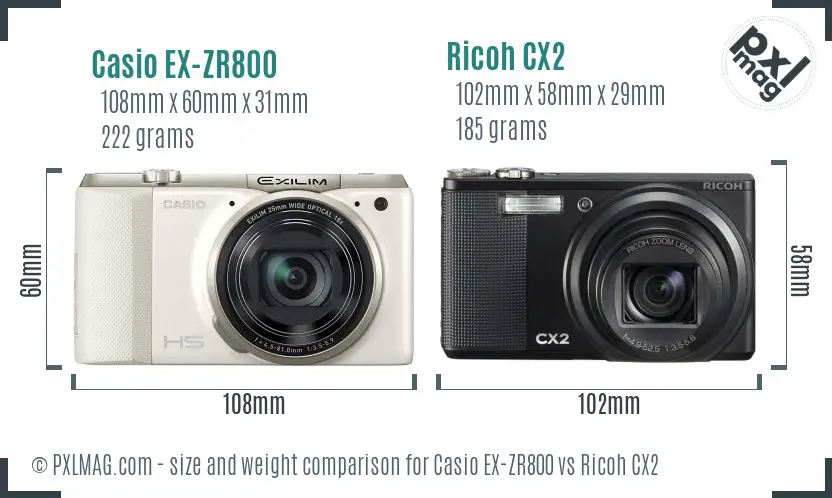 Casio EX-ZR800 vs Ricoh CX2 size comparison