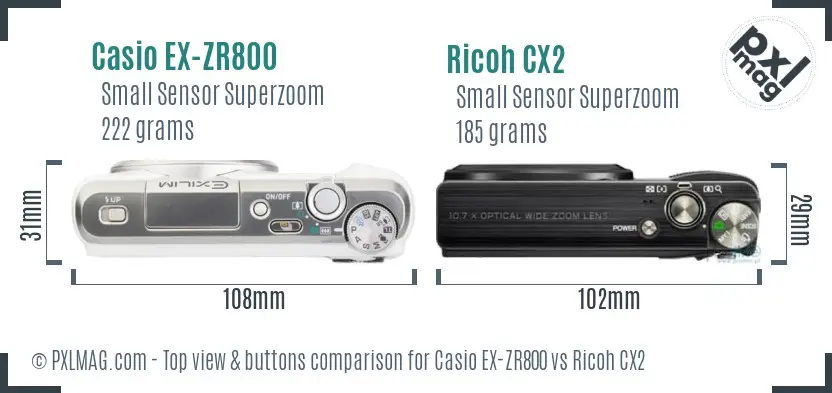 Casio EX-ZR800 vs Ricoh CX2 top view buttons comparison