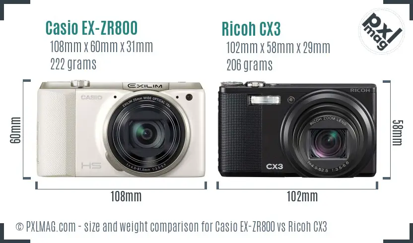 Casio EX-ZR800 vs Ricoh CX3 size comparison