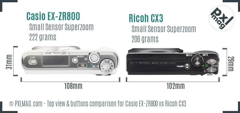 Casio EX-ZR800 vs Ricoh CX3 top view buttons comparison