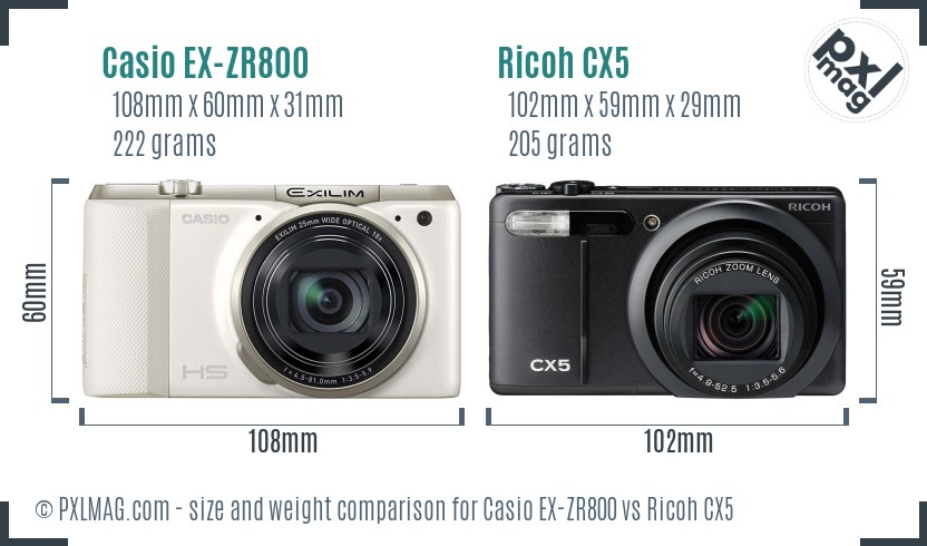 Casio EX-ZR800 vs Ricoh CX5 size comparison