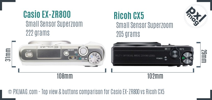 Casio EX-ZR800 vs Ricoh CX5 top view buttons comparison