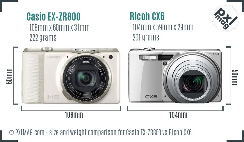 Casio EX-ZR800 vs Ricoh CX6 size comparison