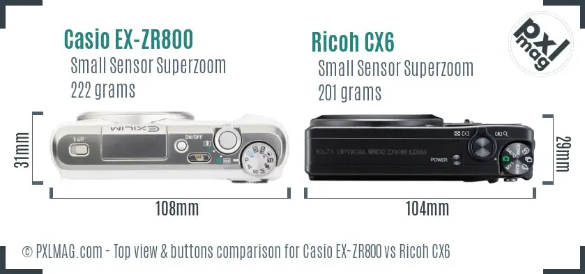 Casio EX-ZR800 vs Ricoh CX6 top view buttons comparison