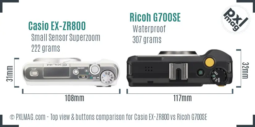 Casio EX-ZR800 vs Ricoh G700SE top view buttons comparison