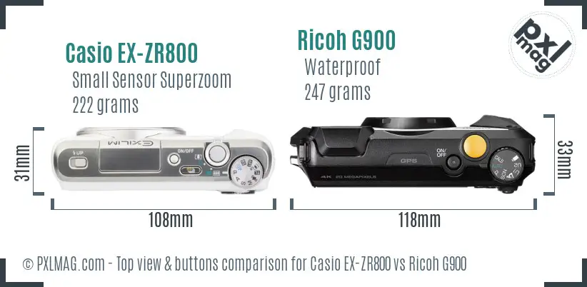 Casio EX-ZR800 vs Ricoh G900 top view buttons comparison
