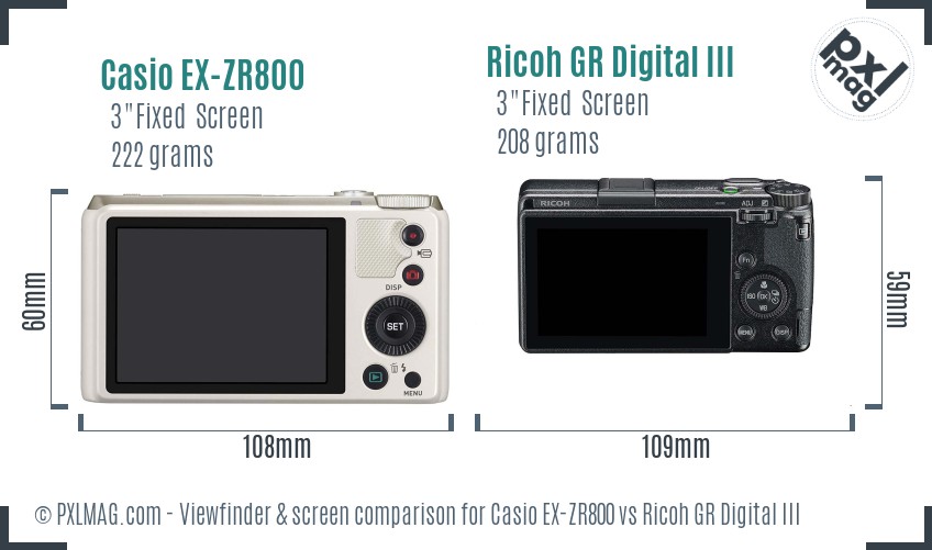 Casio EX-ZR800 vs Ricoh GR Digital III Screen and Viewfinder comparison