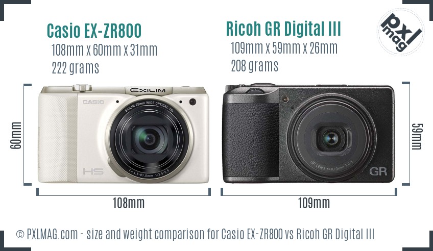 Casio EX-ZR800 vs Ricoh GR Digital III size comparison