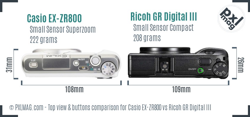 Casio EX-ZR800 vs Ricoh GR Digital III top view buttons comparison