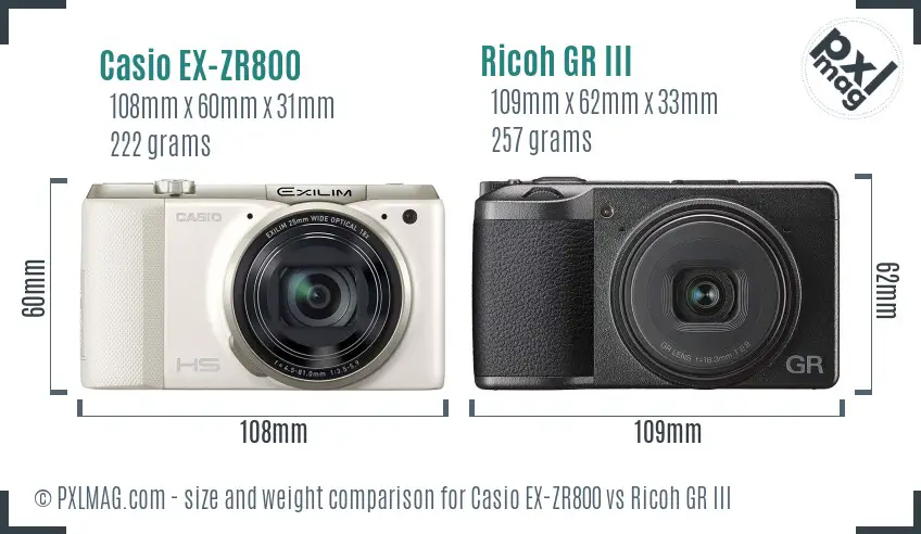 Casio EX-ZR800 vs Ricoh GR III size comparison Casio EX-ZR800 vs Ricoh GR III size comparison