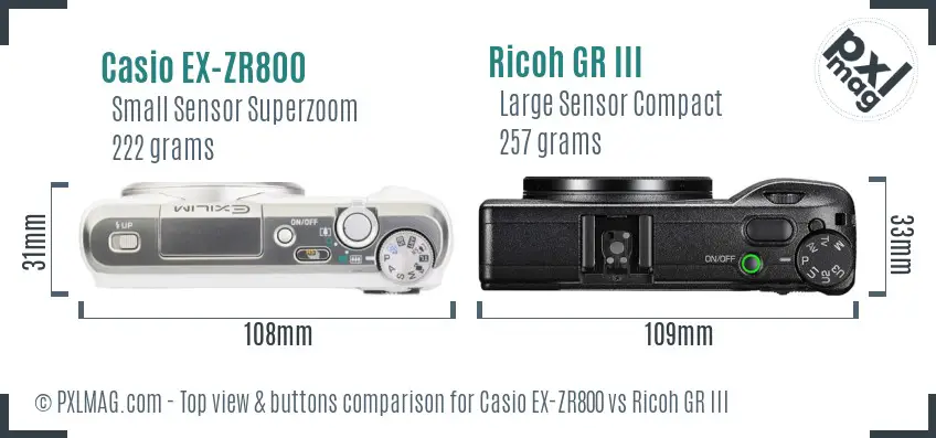 Casio EX-ZR800 vs Ricoh GR III top view buttons comparison Casio EX-ZR800 vs Ricoh GR III top view buttons comparison