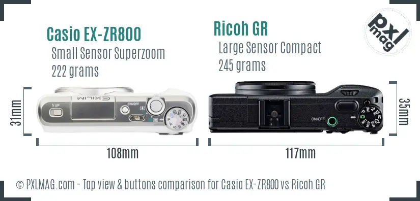 Casio EX-ZR800 vs Ricoh GR top view buttons comparison Casio EX-ZR800 vs Ricoh GR top view buttons comparison