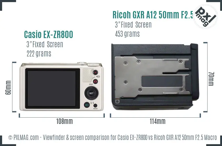 Casio EX-ZR800 vs Ricoh GXR A12 50mm F2.5 Macro Screen and Viewfinder comparison