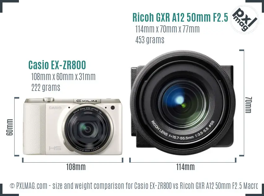 Casio EX-ZR800 vs Ricoh GXR A12 50mm F2.5 Macro size comparison