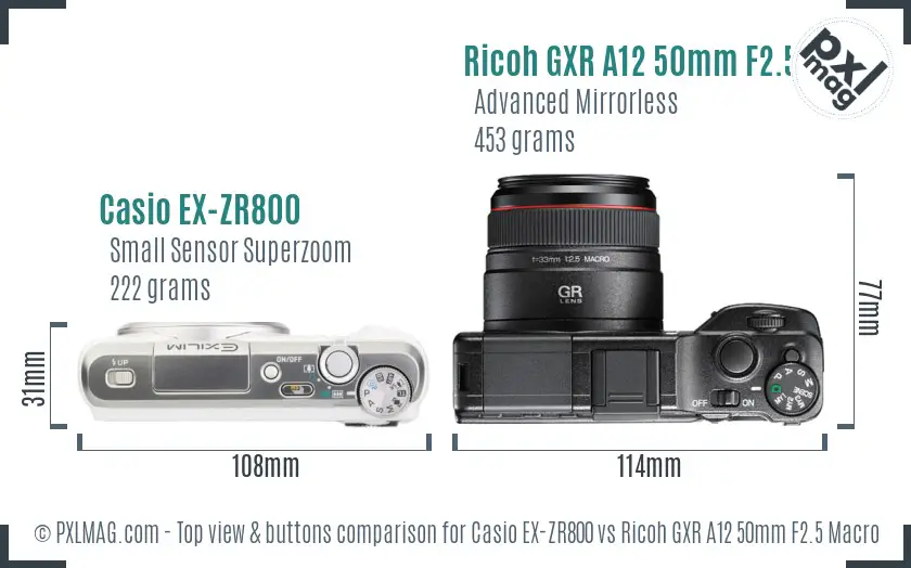 Casio EX-ZR800 vs Ricoh GXR A12 50mm F2.5 Macro top view buttons comparison