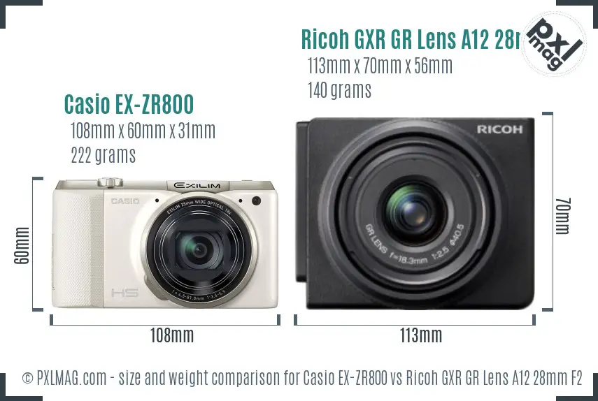 Casio EX-ZR800 vs Ricoh GXR GR Lens A12 28mm F2.5 size comparison Casio EX-ZR800 vs Ricoh GXR GR Lens A12 28mm F2.5 size comparison