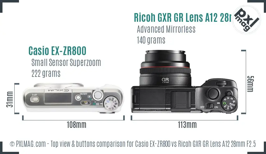 Casio EX-ZR800 vs Ricoh GXR GR Lens A12 28mm F2.5 top view buttons comparison Casio EX-ZR800 vs Ricoh GXR GR Lens A12 28mm F2.5 top view buttons comparison