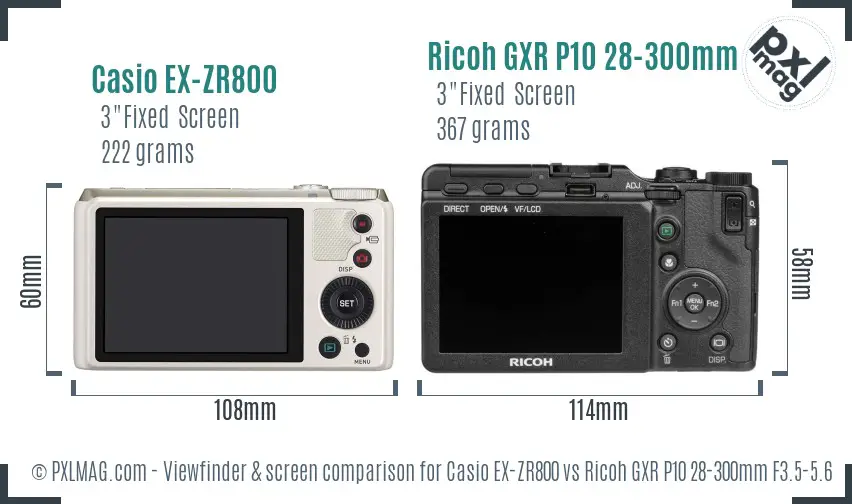 Casio EX-ZR800 vs Ricoh GXR P10 28-300mm F3.5-5.6 VC Screen and Viewfinder comparison