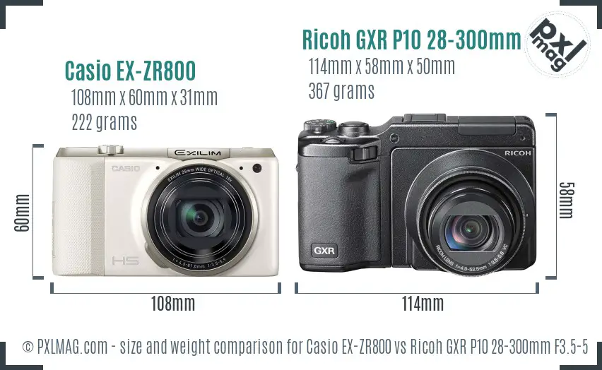 Casio EX-ZR800 vs Ricoh GXR P10 28-300mm F3.5-5.6 VC size comparison