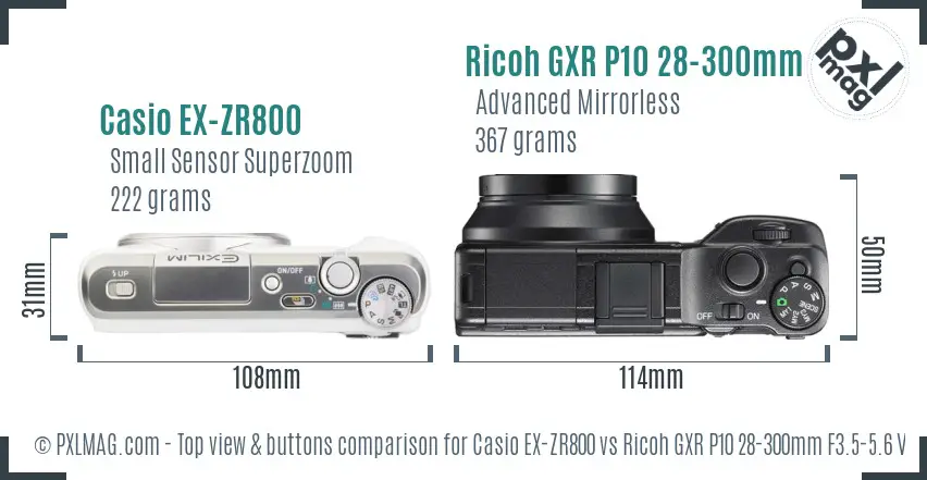 Casio EX-ZR800 vs Ricoh GXR P10 28-300mm F3.5-5.6 VC top view buttons comparison