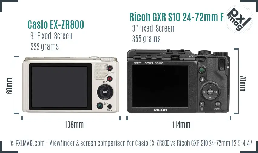 Casio EX-ZR800 vs Ricoh GXR S10 24-72mm F2.5-4.4 VC Screen and Viewfinder comparison