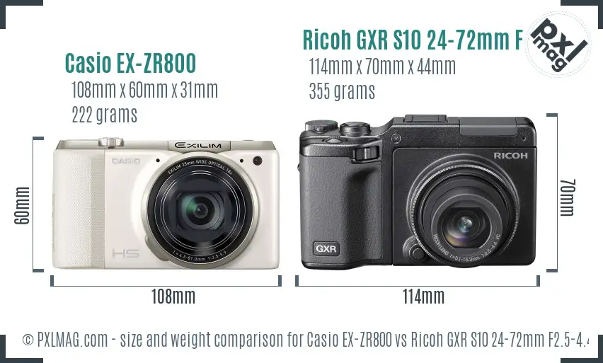 Casio EX-ZR800 vs Ricoh GXR S10 24-72mm F2.5-4.4 VC size comparison