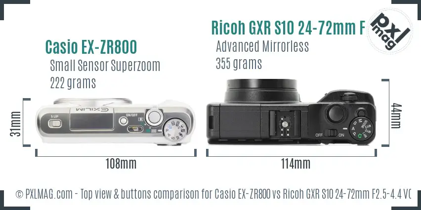 Casio EX-ZR800 vs Ricoh GXR S10 24-72mm F2.5-4.4 VC top view buttons comparison