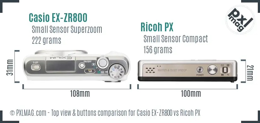 Casio EX-ZR800 vs Ricoh PX top view buttons comparison Casio EX-ZR800 vs Ricoh PX top view buttons comparison