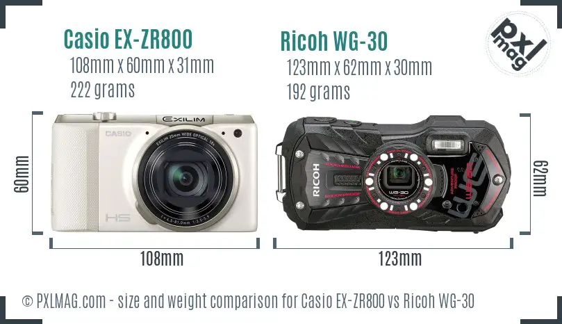 Casio EX-ZR800 vs Ricoh WG-30 size comparison