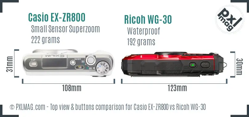 Casio EX-ZR800 vs Ricoh WG-30 top view buttons comparison