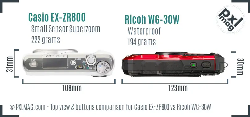 Casio EX-ZR800 vs Ricoh WG-30W top view buttons comparison