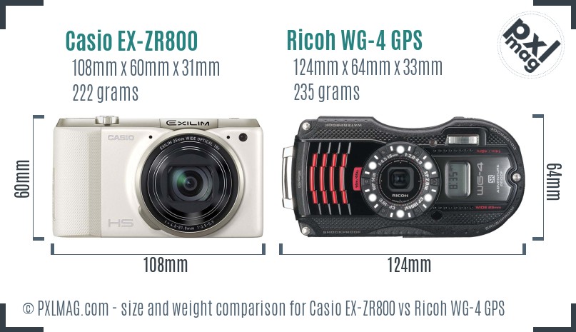Casio EX-ZR800 vs Ricoh WG-4 GPS size comparison