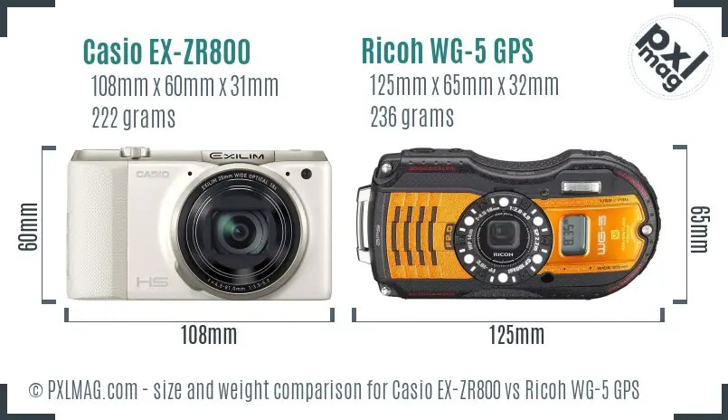 Casio EX-ZR800 vs Ricoh WG-5 GPS size comparison