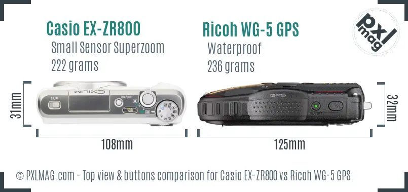 Casio EX-ZR800 vs Ricoh WG-5 GPS top view buttons comparison