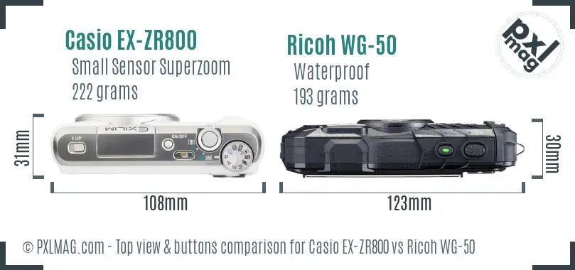 Casio EX-ZR800 vs Ricoh WG-50 top view buttons comparison Casio EX-ZR800 vs Ricoh WG-50 top view buttons comparison