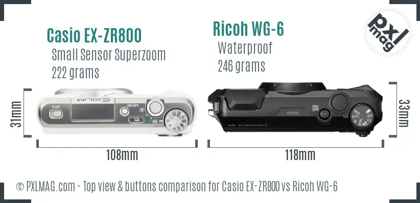 Casio EX-ZR800 vs Ricoh WG-6 top view buttons comparison