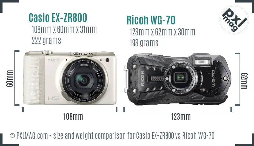 Casio EX-ZR800 vs Ricoh WG-70 size comparison