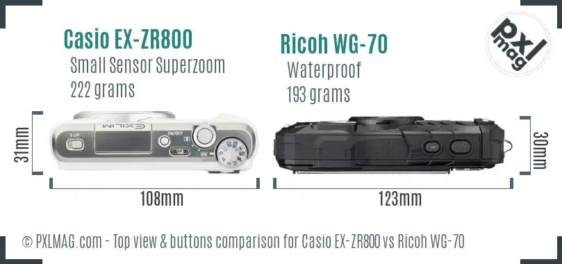 Casio EX-ZR800 vs Ricoh WG-70 top view buttons comparison