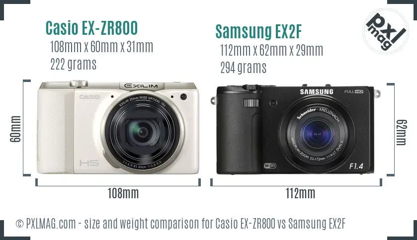 Casio EX-ZR800 vs Samsung EX2F size comparison