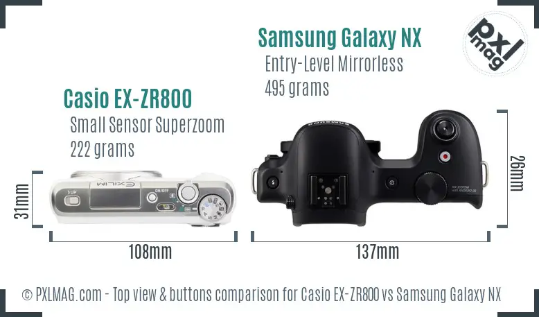 Casio EX-ZR800 vs Samsung Galaxy NX top view buttons comparison