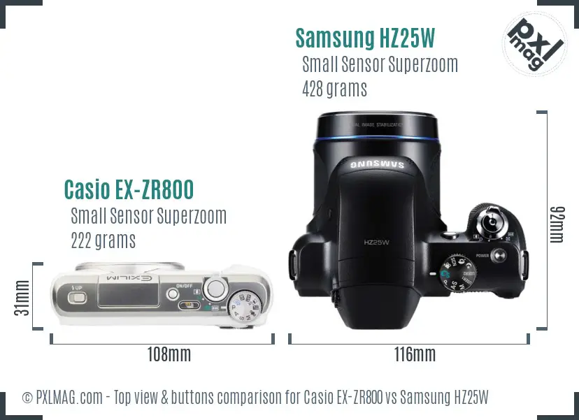 Casio EX-ZR800 vs Samsung HZ25W top view buttons comparison Casio EX-ZR800 vs Samsung HZ25W top view buttons comparison