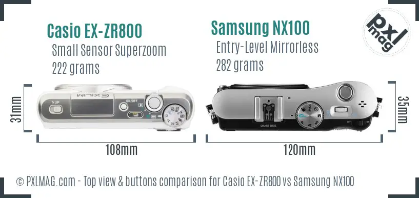 Casio EX-ZR800 vs Samsung NX100 top view buttons comparison