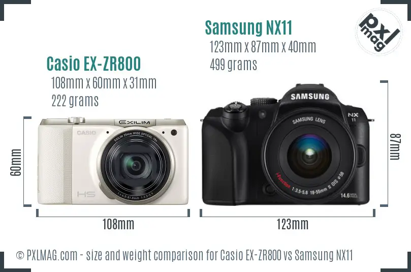 Casio EX-ZR800 vs Samsung NX11 size comparison Casio EX-ZR800 vs Samsung NX11 size comparison