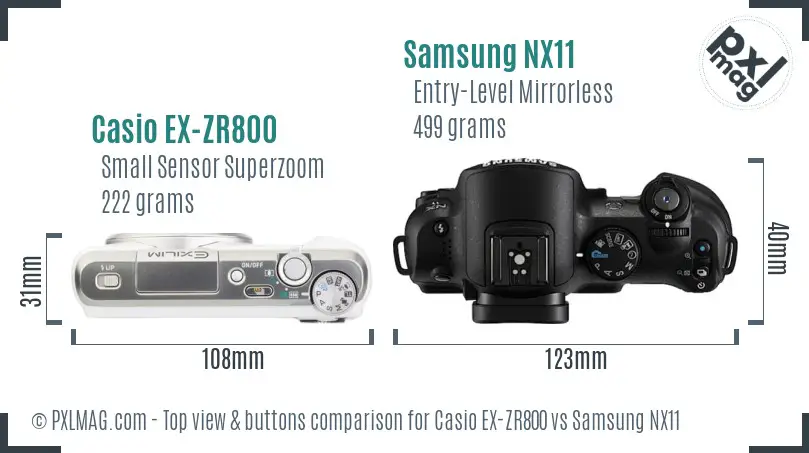 Casio EX-ZR800 vs Samsung NX11 top view buttons comparison Casio EX-ZR800 vs Samsung NX11 top view buttons comparison