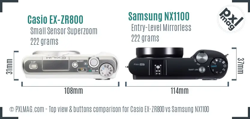 Casio EX-ZR800 vs Samsung NX1100 top view buttons comparison Casio EX-ZR800 vs Samsung NX1100 top view buttons comparison