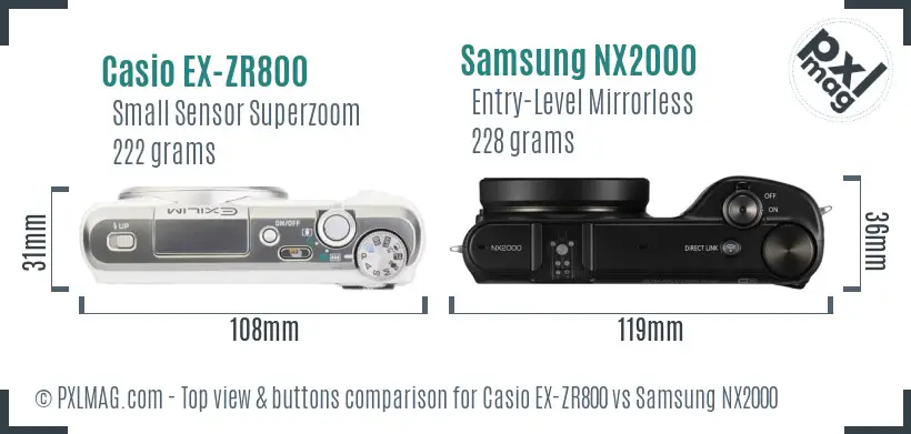 Casio EX-ZR800 vs Samsung NX2000 top view buttons comparison
