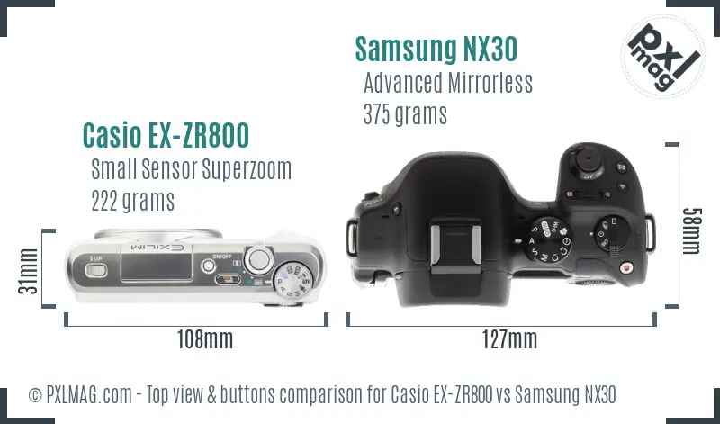 Casio EX-ZR800 vs Samsung NX30 top view buttons comparison Casio EX-ZR800 vs Samsung NX30 top view buttons comparison