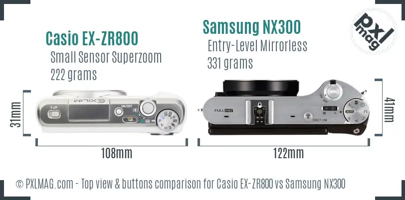 Casio EX-ZR800 vs Samsung NX300 top view buttons comparison Casio EX-ZR800 vs Samsung NX300 top view buttons comparison