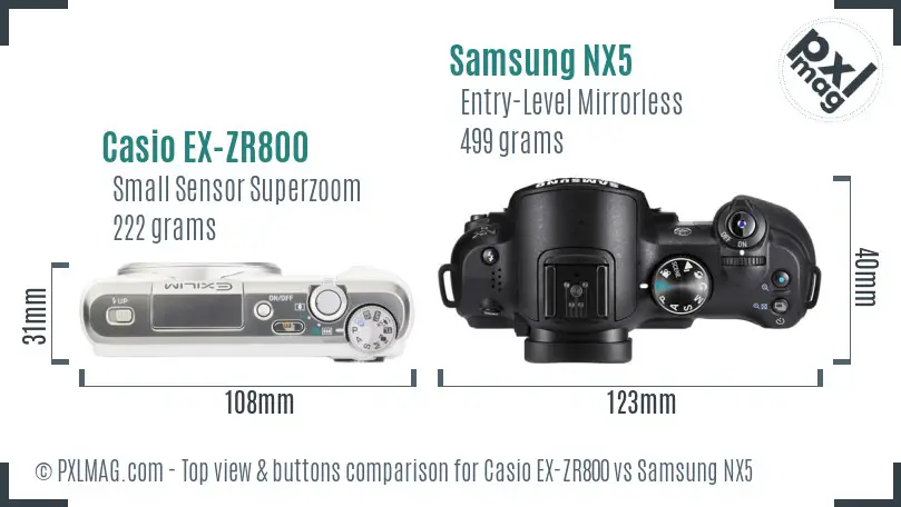 Casio EX-ZR800 vs Samsung NX5 top view buttons comparison Casio EX-ZR800 vs Samsung NX5 top view buttons comparison