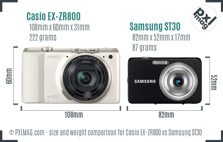 Casio EX-ZR800 vs Samsung ST30 size comparison